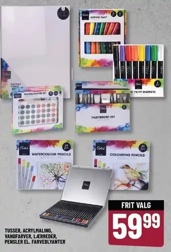 Tusser, acrylmaling, vandfarver, lærreder, pensler el. farveblyanter