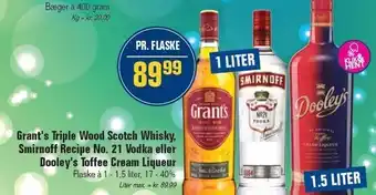 Otto Duborg Grant's triple wood scotch whisky, smirnoff recipe no. 21 vodka el. dooley's toffee cream liqueur tilbud