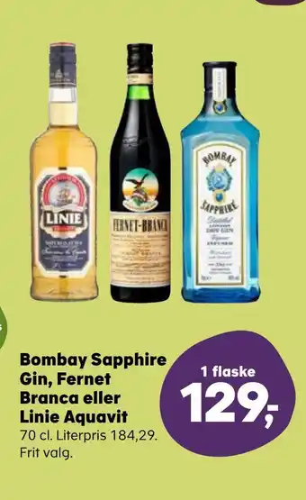 Kvickly Bombay sapphire gin, fernet branca eller linie aquavit tilbud
