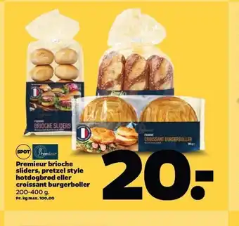 Netto Premieur brioche sliders, pretzel style hotdogbrød el. croissant burgerboller tilbud