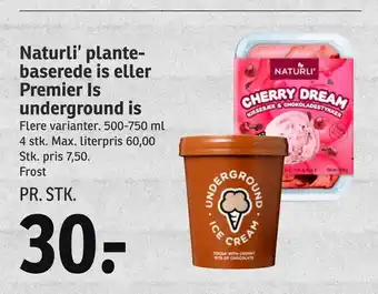 SPAR Naturli' plantebaserede is eller premier is underground is tilbud