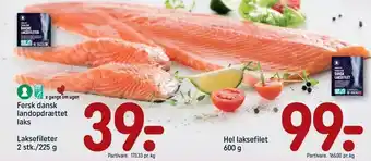 REMA 1000 Fersk dansk landopdrættet laks, laksefileter el. hel laksefilet tilbud