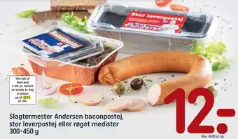 REMA 1000 Slagtermester andersen baconpostej, stor leverpostej el. røget medister tilbud