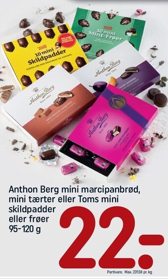 REMA 1000 Anthon berg mini marcipanbrød, mini tærter el. toms mini skildpadder el. frøer tilbud
