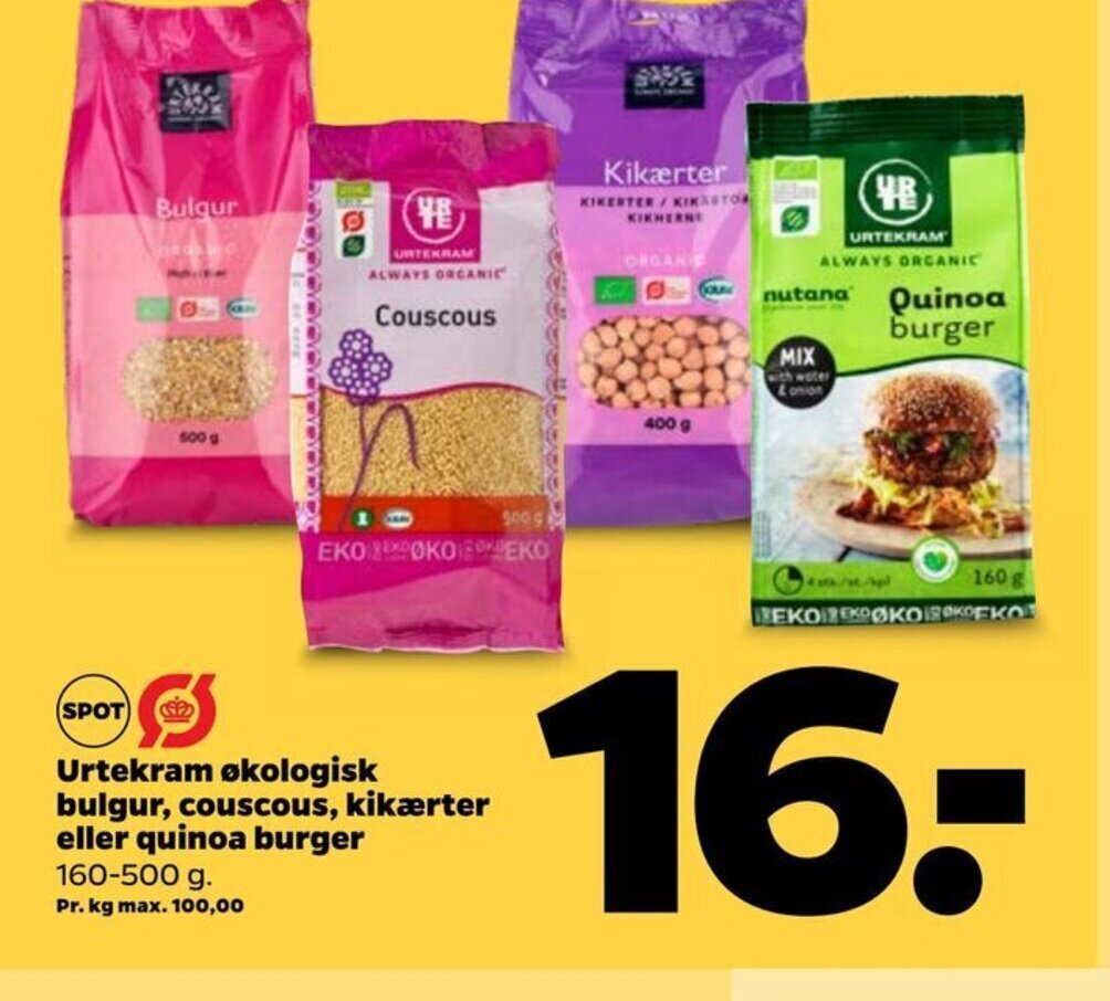 Urtekram økologisk Bulgur Couscous Kikærter Eller Quinoa Burger tilbud