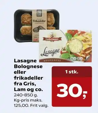 Kvickly Lasagne Bolognese eller frikadeller fra Gris, Lam og co tilbud