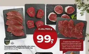 Kvickly Tykstegsbøffer, peberbøffer eller okse medaljoner fra Fritgående Kødkvæg tilbud