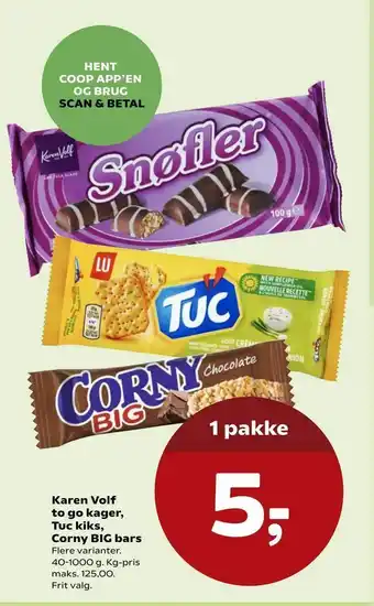 Karen Volf to go kager, Tuc kiks, Corny BIG bars