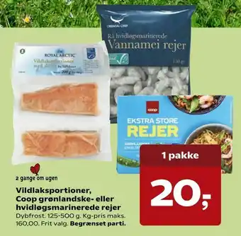 Kvickly Vildlaksportioner, Coop grønlandske- eller hvidløgsmarinerede rejer tilbud