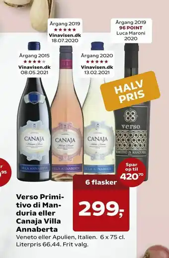 Kvickly Verso Primitivo di Manduria eller Canaja Villa Annaberta tilbud