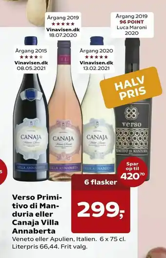 SuperBrugsen Verso Primitivo di Manduria eller Canaja Villa Annaberta tilbud