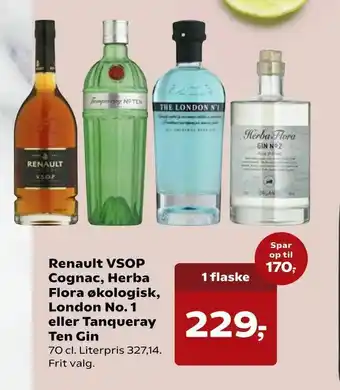 SuperBrugsen Renault VSOP Cognac, Herba Flora økologisk, London No. 1 eller Tanqueray Ten Gin tilbud
