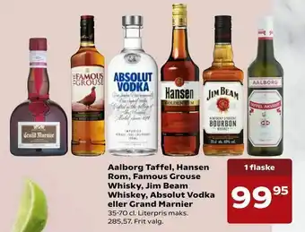 Aalborg Taffel, Hansen Rom, Famous Grouse Whisky, Jim Beam Whiskey, Absolut Vodka eller Grand Marnier