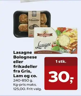 SuperBrugsen Lasagne Bolognese eller frikadeller fra Gris, Lam og co tilbud