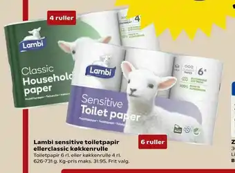 SuperBrugsen Lambi sensitive toiletpapir ellerclassic køkkenrulle tilbud