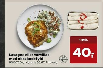 SuperBrugsen Lasagne eller tortillas med oksekødsfyld tilbud