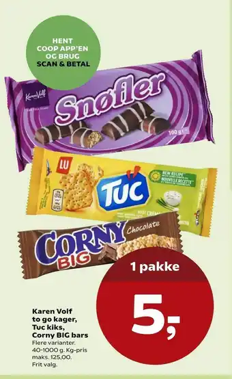 SuperBrugsen Karen Volf to go kager, Tuc kiks, Corny BIG bars tilbud