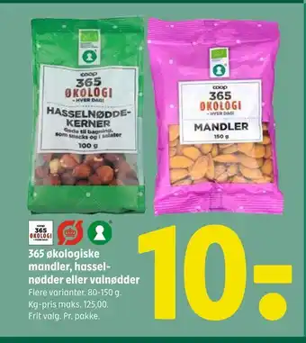 Coop 365 365 økologiske mandler, hassel nødder eller valnødder tilbud