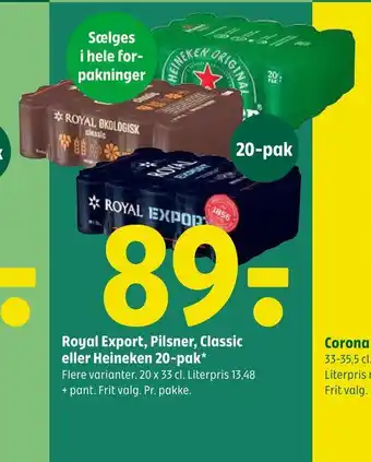 Coop 365 Royal export, pilsner, classic eller heineken 20-pak tilbud