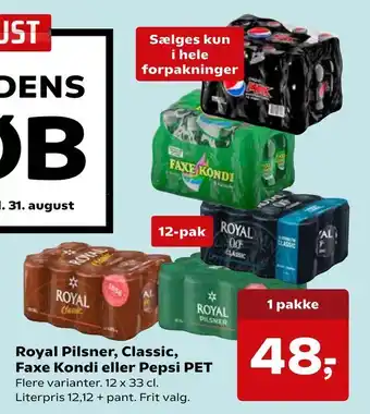 SuperBrugsen Royal pilsner, classic, faxe kondi eller pepsi pet tilbud