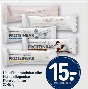 REMA 1000 Linuspro proteinbar el. must collagenbar tilbud