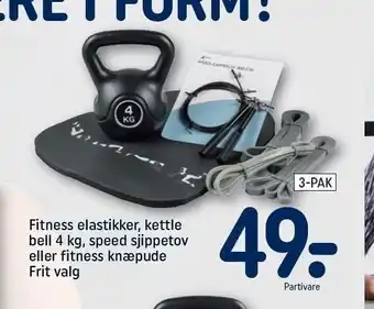 REMA 1000 Fitness elastikker, kettle bell 4 kg, speed sjippetov el. fitness knæpude tilbud