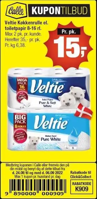 Calle Veltie køkkenrulle el. toiletpapir tilbud