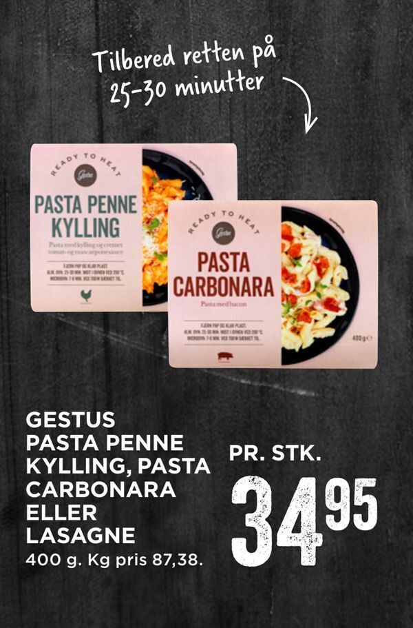 Gestus pasta penne kylling, pasta carbonara eller lasagne tilbud hos MENY