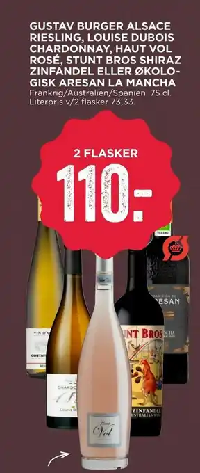 Gustav burger alsace riesling, louise dubois chardonnay, haut vol rosé, stunt bros shiraz zinfandel eller økologisk aresan la