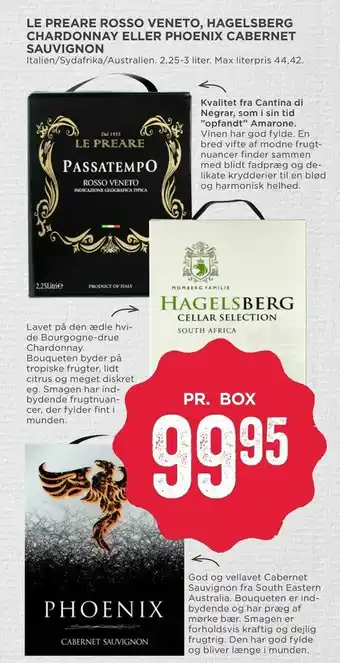 Le preare rosso veneto, hagelsberg chardonnay eller phoenix cabernet sauvignon