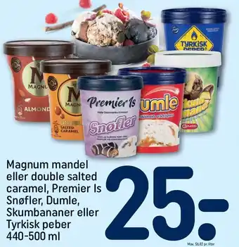 REMA 1000 Magnum mandel el. double salted caramel, premier is snøfler, dumle, skumbananer el. tyrkisk peber tilbud