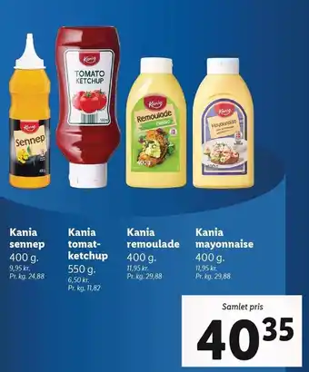 Lidl Kania sennep, ketchup, remoulade og mayonnaise tilbud