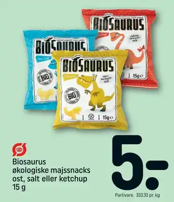 REMA 1000 Biosaurus økologiske majssnacks ost, salt eller ketchup tilbud