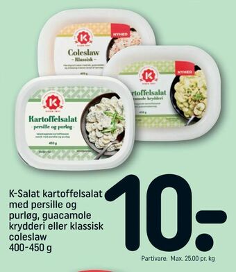 REMA 1000 K-Salat kartoffelsalat med persille og purløg, guacamole krydderi eller klassisk coleslaw tilbud