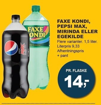Let-Køb Faxe kondi, pepsi max, mirinda eller egekilde tilbud