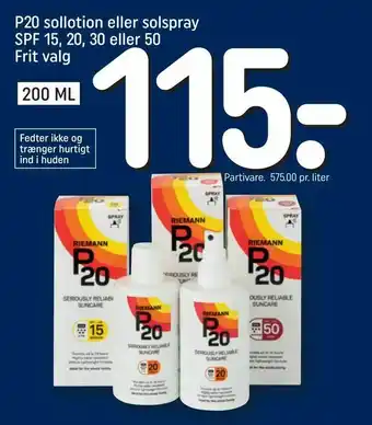 REMA 1000 P20 sollotion eller solspray SPF 15, 20, 30 eller 50 tilbud