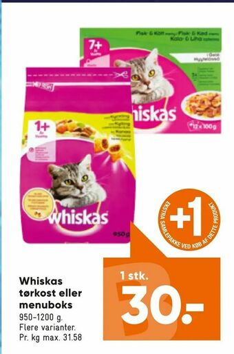 Bilka Whiskas tørkost eller menuboks tilbud