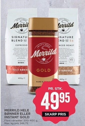 MENY Merrild hele bønner el. instant gold tilbud