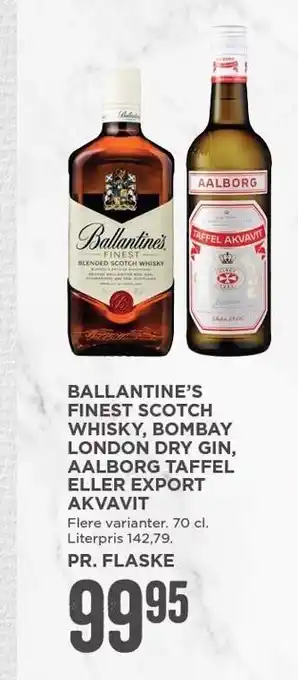 MENY Ballantine's finest scotch whisky, bombay dry gin, aalborg taffel el. export akvavit tilbud