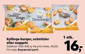 Kvickly Kyllinge burger, schnitzler eller nuggets tilbud
