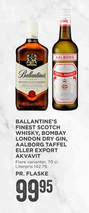 MENY Ballantine's finest scotch whisky, bombay london dry gin, aalborg taffel eller export akvavit tilbud