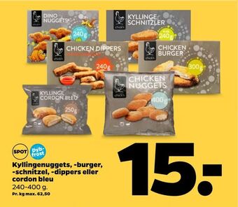 Kyllingenuggets, -burger, -schnitzel, -dippers eller cordon bleu