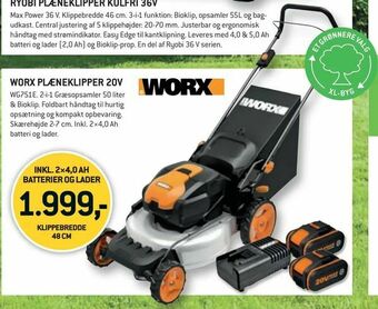 XL-BYG Worx plæneklipper 20v tilbud