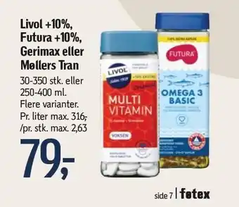 Føtex Livol +10%, futura +10%, gerimax el. møllers tran tilbud