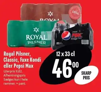 Min Købmand Royal pilsner, classic, faxe kondi el. pepsi max tilbud