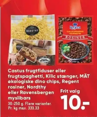 Bilka Frugtfiduser el. frugtspaghetti, kilic stænger, øko dino chips, rosiner el. myslibars tilbud
