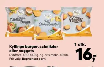 SuperBrugsen Kyllinge burger, schnitzler eller nuggets tilbud