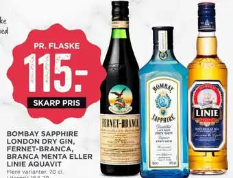 MENY Bombay Sapphire London Dry Gin, Fernet-Branca, Branca Menta eller Linie Aquavit tilbud