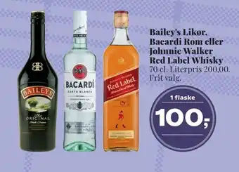 Bailey's likør, bacardi rom eller johnnie walker red label whisky