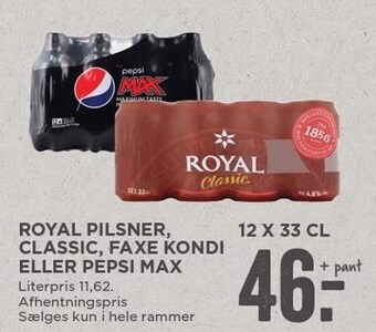 MENY Royal pilsner, classic, faxe kondi el. pepsi max tilbud